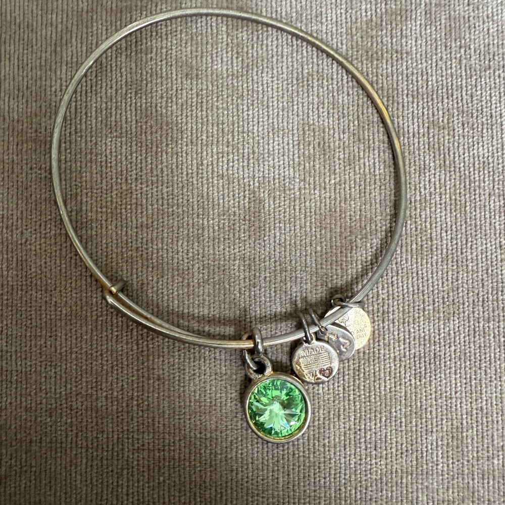 Silver Bangle Bracelet with Green Charm